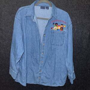 Vintage Cross Country Denim Button-Down Shirt with Embroidered Read! Design